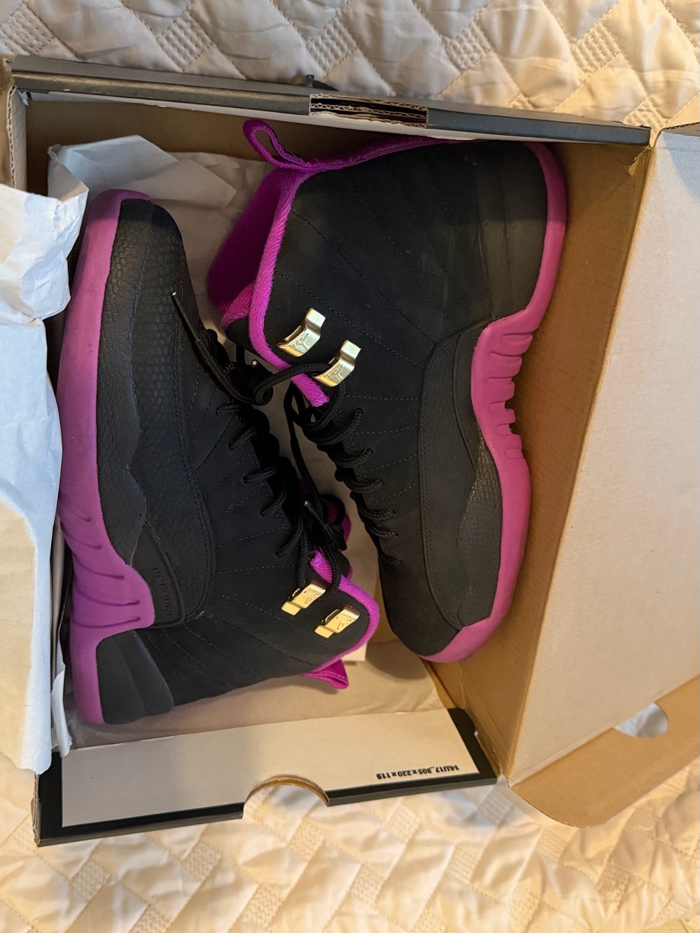 Jordan Women’s Black and Magenta High-Top Sneakers with Gold Eyelets